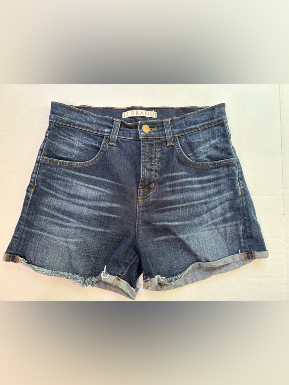 J Brand Gwen High-Rise Medium Wash Denim Shorts Size 27 Y2K DistressedCutoffs